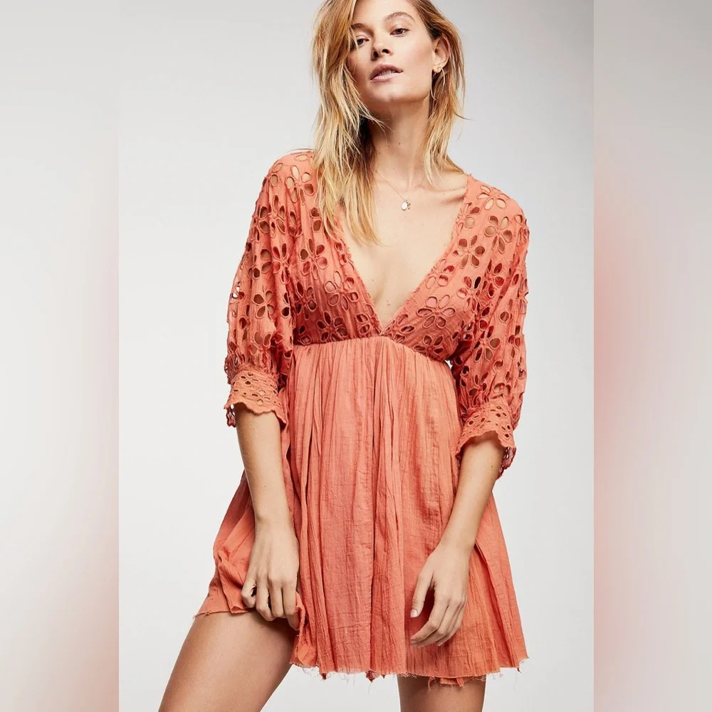 Free People Terracotta Eyelet Lace Dress